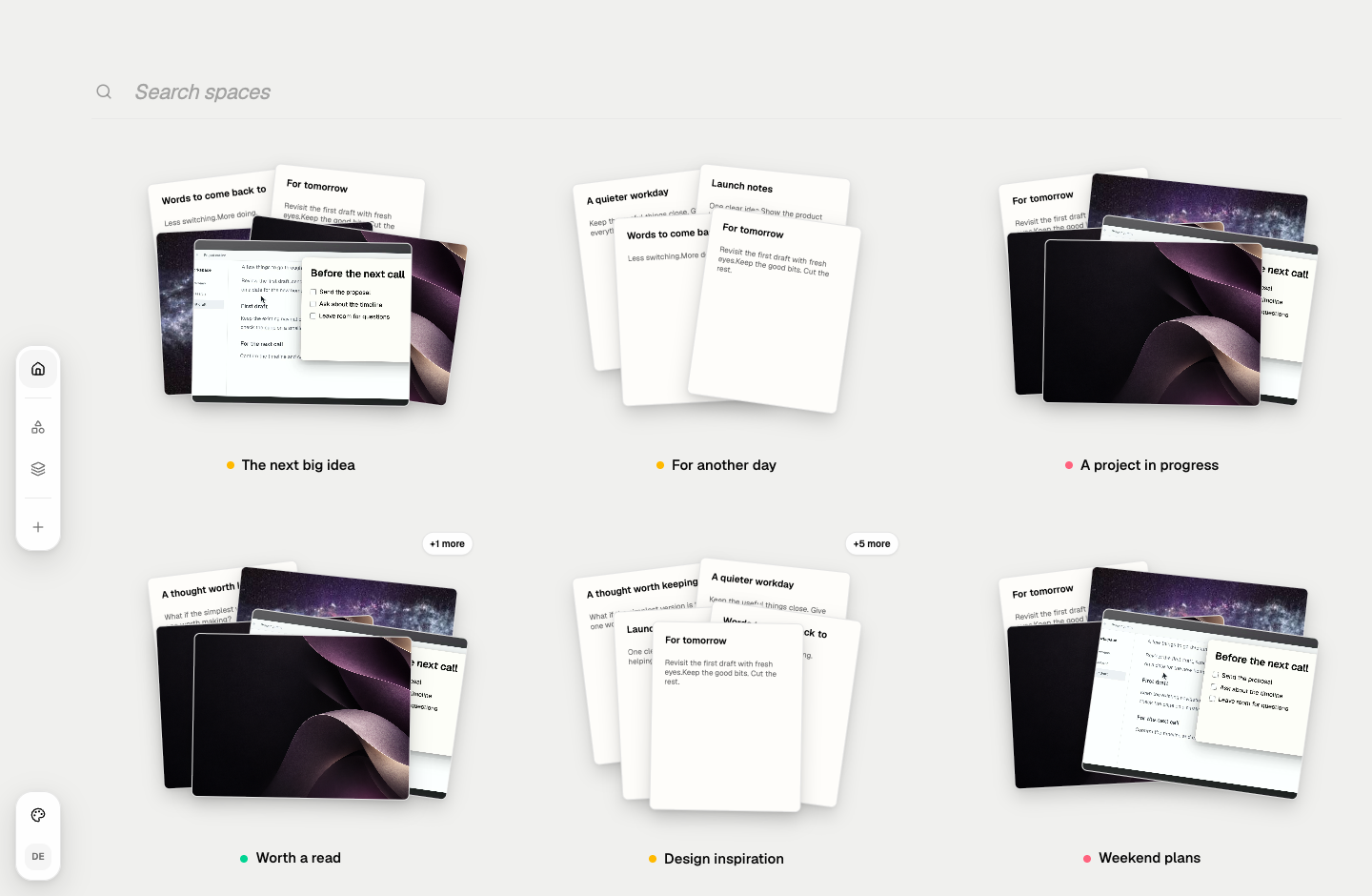Popout’s Collections page, with six stacks of notes and images for design inspiration, ideas, weekend plans, reading, projects, and later