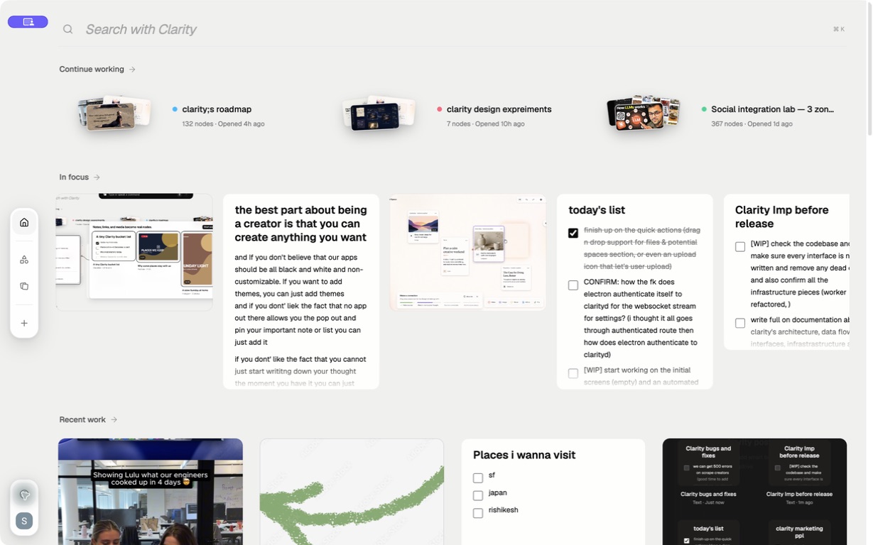 The original Clarity Home view with image cards, pinned notes, recent work, and working Spaces
